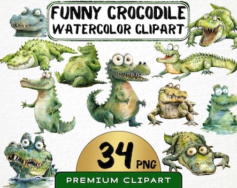 Lustige Krokodil Aquarell Clipart, Safari Tiere (34 PNG)