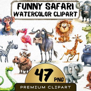 Funny Safari Animals Clipart 47 Png, Cute Caricature Africa Animals Art, Quirky Elephant Watercolor, Cartoon Lion Digital Print Scrapbooking