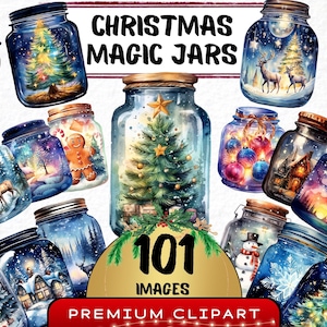 Christmas Magical Jars Watercolor Clipart, 101 Festive Holiday Themed Glass Jars, Fantasy Potion Graphic, Xmas Clipart, Winter Png Crafting