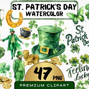 Op de afbeelding: Een set van 47 aquarel-clipart afbeeldingen voor St. Patrick's Day. De afbeeldingen omvatten een kabouter, een pot met goud, een klavertjevier, een hoefijzer, een harp, een regenboog, een groene hoed en de tekst "St. Patrick's Day" en "Feeling Lucky".