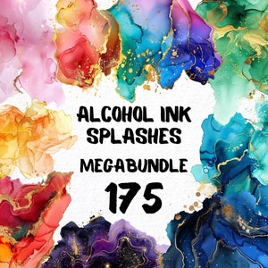 Abstract Alcohol Ink Color Splash Megabundle Clipart 175 Png, Watercolor Splatter, Blue Gold, Instant Download, Digital art, Commercial Use
