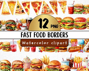 Aquarell Fast Food Rahmen Clipart, 12 PNG Grafiken (digitaler Download)