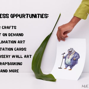 May include: A white sheet of paper with a cartoon illustration of a blue hippopotamus wearing a suit and holding a microphone. The text "ENDLESS OPPURTUNITIES:" is written in black at the top of the page, followed by a list of items: "PAPER CRAFTS", "PRINT ON DEMAND", "SUBLIMATION ART", "INVITATION CARDS", "NURSERY WALL ART", "SCRAPBOOKING", "...AND MORE".
