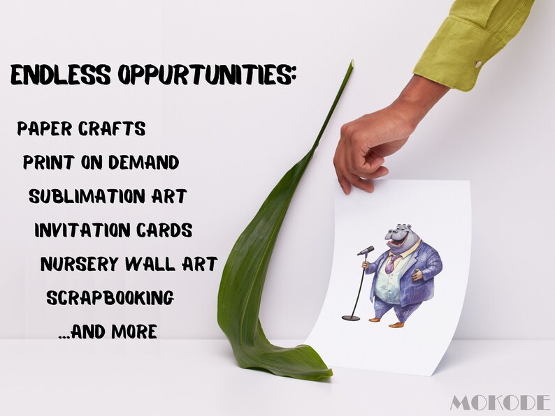 May include: A white sheet of paper with a cartoon illustration of a blue hippopotamus wearing a suit and holding a microphone. The text "ENDLESS OPPURTUNITIES:" is written in black at the top of the page, followed by a list of items: "PAPER CRAFTS", "PRINT ON DEMAND", "SUBLIMATION ART", "INVITATION CARDS", "NURSERY WALL ART", "SCRAPBOOKING", "...AND MORE".