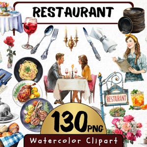 以下が含まれることがあります： レストランをテーマにした水彩画クリップアートのコレクション。食べ物、ワイングラス、カトラリー、ウェイター、食事をするカップル、レストランの看板のイラストが含まれています。「RESTAURANT」と「130 PNG」の文字も表示されています。