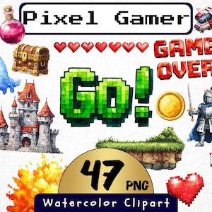 May include: Watercolor clipart set featuring pixel art elements. Includes a castle, knight, spaceship, and text that says "Pixel Gamer", "Game Over", and "Go!". Also includes a treasure chest, potion, and a robot.