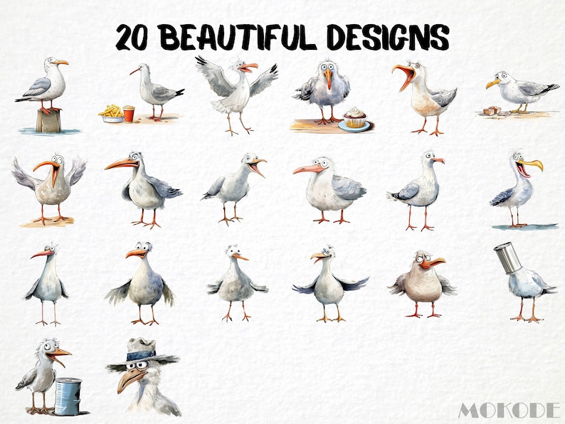 May include: 20 watercolour illustrations of cartoon seagulls in various poses. The seagulls are white with black eyes and beaks. Some seagulls are holding food, such as a cupcake or chips. The text "20 BEAUTIFUL DESIGNS" is at the top of the image.