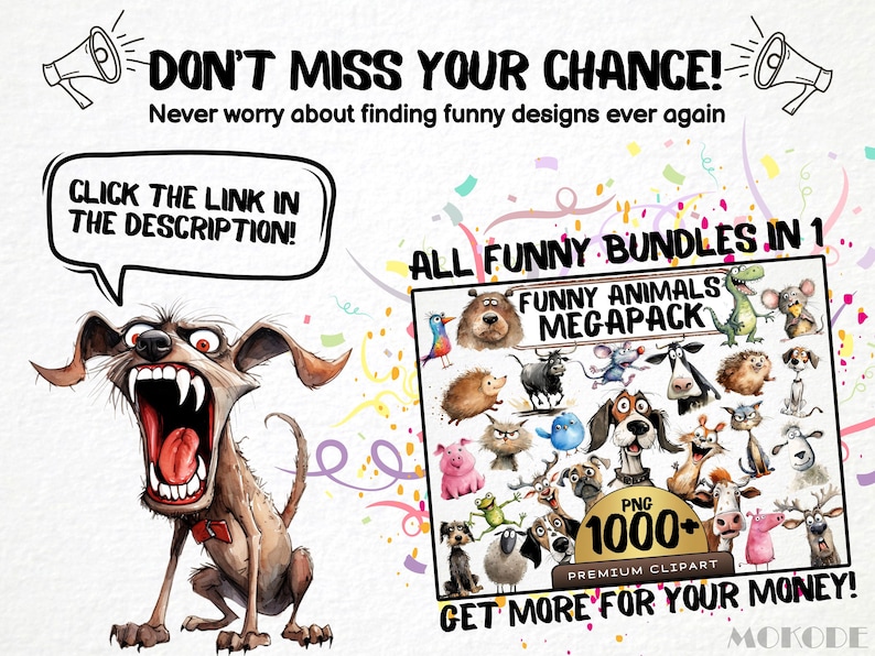 May include: A digital illustration of a cartoon dog with a big toothy grin. The dog is surrounded by confetti. The image also shows a collection of 1000+ funny animal illustrations in a digital download pack. The text "ALL FUNNY BUNDLES IN 1" and "FUNNY ANIMALS MEGAPACK" is visible in the image.