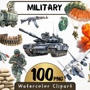 Puede incluir: Conjunto de imágenes prediseñadas de acuarela con temática militar. Incluye un tanque, un avión de combate, un camión, un misil, un paracaídas, una granada, un cinturón de municiones, un soldado, sacos de arena y una medalla. El texto dice "MILITARY" y "100 PNG Watercolor Clipart".