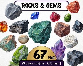 May include: Watercolor clipart featuring various rocks and gems, including a blue sapphire, red ruby, and green gemstone. The image also includes a variety of rock formations in shades of gray, brown, and green. The text "ROCKS & GEMS" and "67 PNG Watercolor Clipart" are also present.