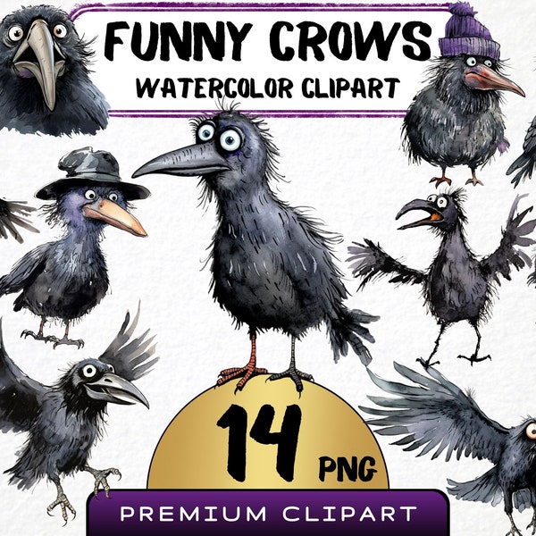 Funny Crows Clipart 14 Png, Cute Caricature Birds, Silly Raven Watercolor, Cartoon Black Bird, Crow Png, Digital Prints, Bird Scrapbooking