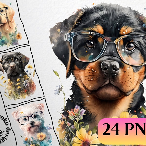 24 Cute Puppies in Glasses Clip Art Funny Dogs Design Bundle, Watercolor Cute Dog in Glasses, Crafting Materials Printable Digital Paper PNG