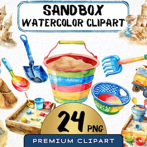 Aquarell Sandkasten Clipart 24 Png, Sand Playtime Bundle, Schaufel, Eimer, Aquarell Kindergarten Illustration, Sofort Download, kommerzielle Nutzung