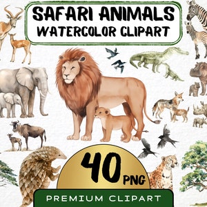 Watercolor Safari Animals Clipart 40 Png, Boho Style, African Savana png, Wildlife illustration, Lion, Zebra, Monkey, Printable Digital File