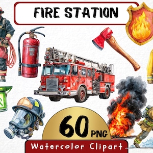 Brandstation Clipart 60 PNG, brandman akvarellkonst, utryckningsbil och räddningsutrustning