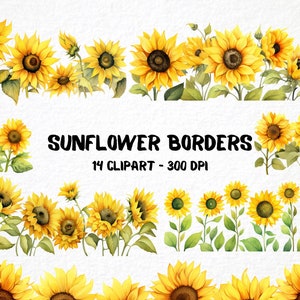 Bundle de cliparts aquarelle tournesol 14 Png, graphique floral bricolage, scrapbooking floral, bordure de papeterie pour fabrication de cartes, usage Commercial