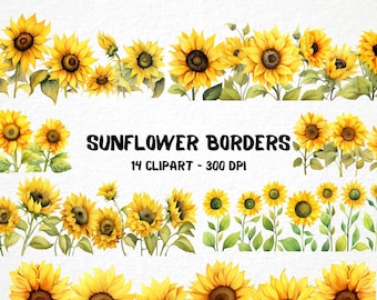 Könnte beinhalten: Ein Set mit 14 Aquarell-Sonnenblumen-Bordüren, perfekt, um Ihren Designs einen Hauch von Sommer zu verleihen. Die Bordüren zeigen Sonnenblumen in verschiedenen Blühstadien, einige vollständig geöffnet und andere noch in Knospen. Die Sonnenblumen sind in Gelb- und Orangetönen gemalt, mit grünen Blättern und Stielen.