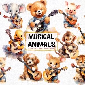Animales de acuarela con guitarra, conjunto de 28, guitarra png, imágenes prediseñadas de animales musicales, guitarrista de guitarra clásica png, imágenes prediseñadas de guardería, lindo gatito png