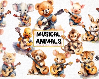 Watercolor Animals with Guitar, Set of 28, Guitar png, Musical Animals Clipart, Classic Guitar Guitarist Png Nursery Clipart Cute Kitten png