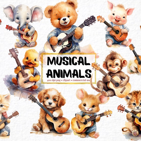 Watercolor Animals with Guitar, Set of 28, Guitar png, Musical Animals Clipart, Classic Guitar Guitarist Png Nursery Clipart Cute Kitten png