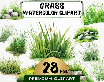 Watercolor Grass Clipart 28 Png, Green Meadow Scrapbooking, Patch of Grass Clipart, Lawn Illustration, Nature Card Making, Instant Download