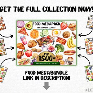May include: A collection of watercolor clipart featuring various food items, including fruits, vegetables, meats, and seafood. The clipart is organized into different categories, such as "Meat", "Farmer's Market", "Vegetables", "Sea Food", and "Watercolor Fruits". The image also includes the text "FOOD MEGAPACK WATERCOLOR CLIPART" and "FOOD MEGABUNDLE LINK IN DESCRIPTION!"