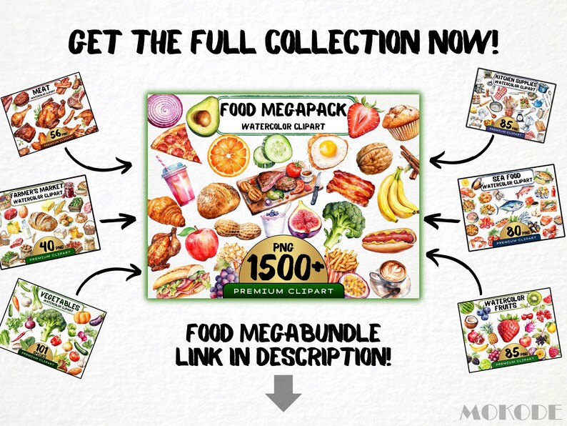 May include: A collection of watercolor clipart featuring various food items, including fruits, vegetables, meats, and seafood. The clipart is organized into different categories, such as "Meat", "Farmer's Market", "Vegetables", "Sea Food", and "Watercolor Fruits". The image also includes the text "FOOD MEGAPACK WATERCOLOR CLIPART" and "FOOD MEGABUNDLE LINK IN DESCRIPTION!"
