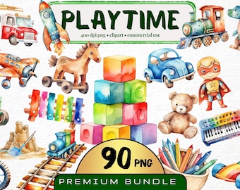Watercolor Toy Clipart Bundle, Nursery Illustration (90 PNG)