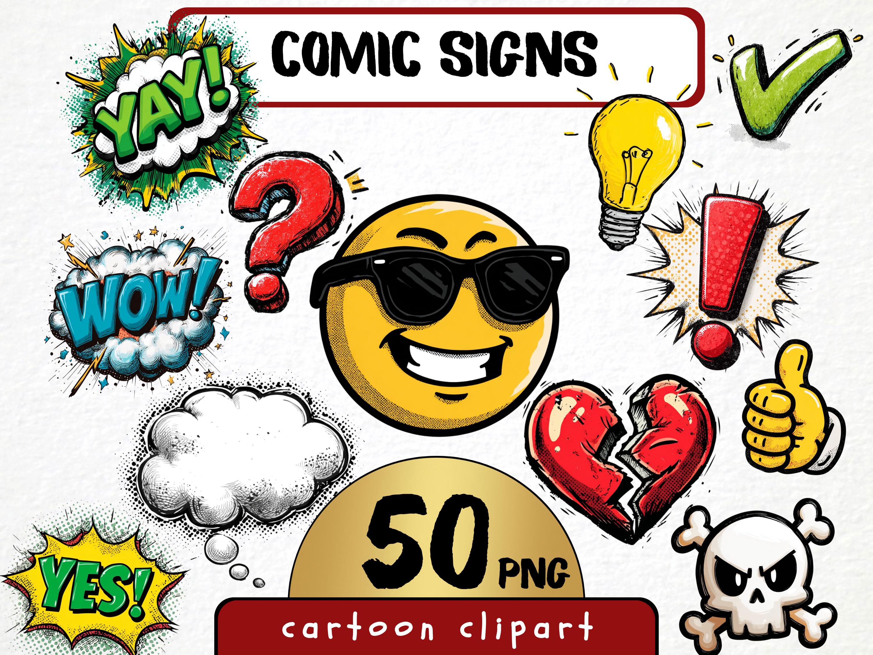 Comic Signs Clipart Bundle – 50 PNG Cartoon Symbols, Speech Bubbles ...
