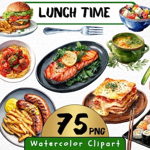 Könnte beinhalten: Aquarell-Clipart mit verschiedenen Mittagsgerichten, darunter ein Burger mit Pommes, Spaghetti mit Fleischbällchen, Lachs, Suppe, Tacos, Lasagne, Sushi und Würstchen mit Pommes. Der Text "LUNCH TIME" steht oben.