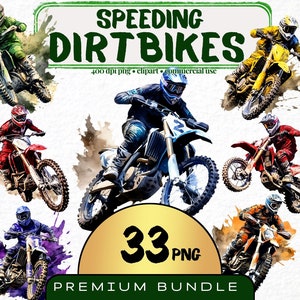 Clipart de motocross en acuarela, conjunto de 33, clipart de guardería de motocross, regalo de motociclista, motocicleta superdeportiva, tarjeta de invitación, gráficos de camiseta PNG