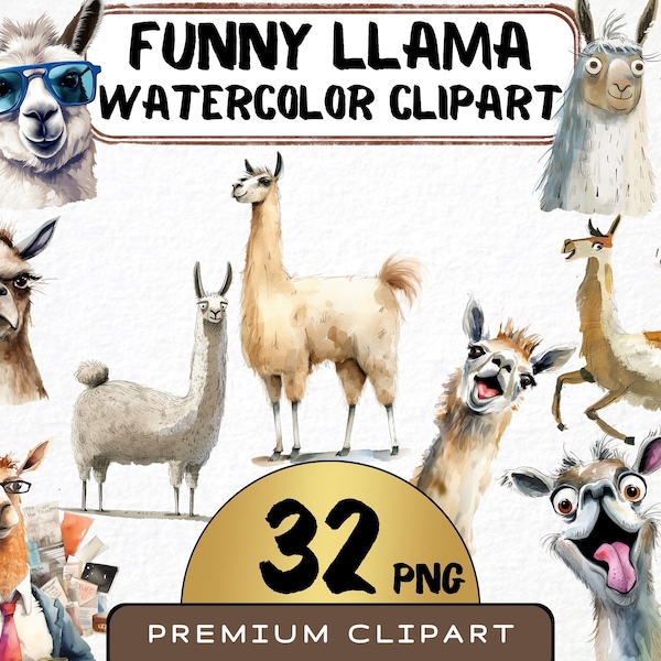 Funny Llama Clipart 32 Png, Cute Caricature Alpaca, Quirky Farm Animal Watercolor, Card Making, Digital Print Scrapbooking, Commercial use