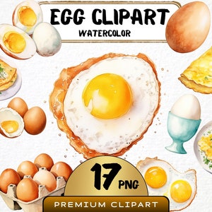 Clipart de huevo de acuarela, 17 PNG, desayuno con huevos revueltos, gráficos de comida, huevos fritos PNG, scrapbooking, revista basura, uso comercial digital