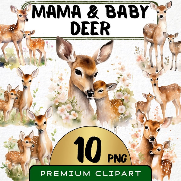 Mama & Baby Deer Clipart 10 Png, Fawn and Does Animal Nursery,  Soft Pastel Woodland, Watercolor Graphics, Scrapbooking, Instant Download