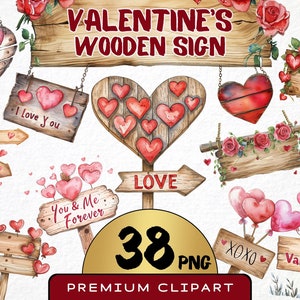 Letrero de madera de San Valentín, acuarela, clipart, 34 png, ilustración de amor, elemento de corazón, gráfico de marco romántico, material para manualidades, álbumes de recortes