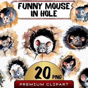 Clipart 20 PNG de drôle de souris dans le trou, souris caricature mignonne, aquarelle animal rongeur, illustration d'animal de dessin animé, impression numérique, journal indésirable