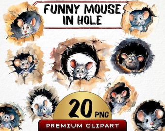 Funny Mouse in Hole Watercolor Clipart, Cartoon Rodent Animal (Digital Print)