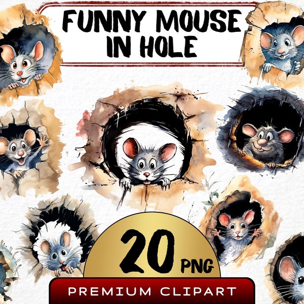 Funny Mouse In Hole Clipart 20 Png, Cute Caricature Mice, Rodent Animal Watercolor, Cartoon Animal Illustration, Digital Print, Junk Journal