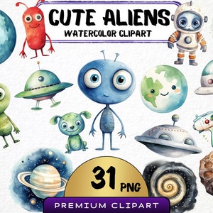 Clipart de extraterrestres divertidos en acuarela, 20 PNG, lindos extraterrestres para guardería, lindos astronautas para scrapbooking, clipart galáctico, scrapbooking, creación de tarjetas