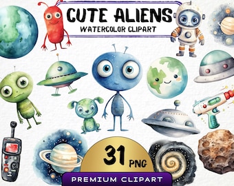 Clipart de extraterrestres lindos en acuarela, álbum de recortes para guardería (20 PNG)