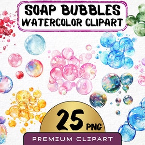 Clipart de bulles de savon aquarelle 25 Png Baignade amusante, couleurs abstraites, graphique en mousse, pétillant, usage commercial, téléchargement immédiat, créations numériques