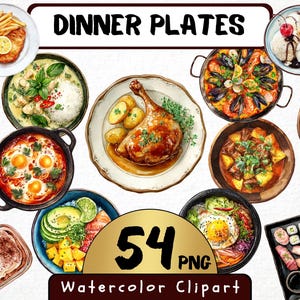 Puede incluir: Ilustración en acuarela de varios platos de cena que muestran diversas cocinas, incluyendo una pierna de pollo asada con patatas, sushi y platos de pasta. La imagen incluye el texto "DINNER PLATES" y "54 PNG".