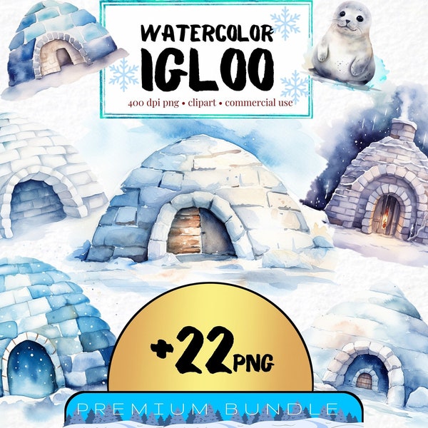 Aquarell Iglu Clipart, Set von 22, transparenter Hintergrund PNG, Schneehütte, Nordpol, Wintersaison png, Arktis Clipart Bundle, digitale Kunst