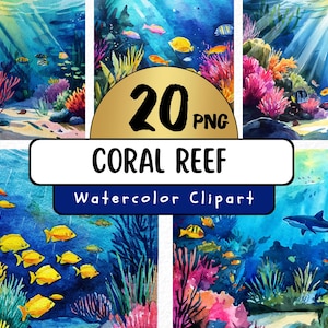 20種類の高品質水彩サンゴ礁デザインPng、熱帯魚のイラスト、スクラップブック、ウォールアート、デジタルダウンロード、商用利用