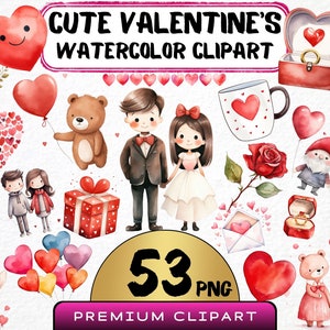 Grazioso pacchetto di clipart per San Valentino, 53 PNG, grafica d'amore ad acquerello, arte con palloncini a forma di cuore, lettere d'amore, creazione di biglietti, sublimazione, uso commerciale