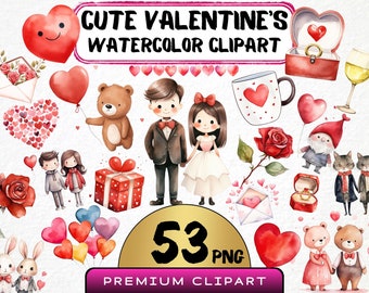 May include: Watercolor clipart set with Valentine's Day themes. Includes hearts, couples, teddy bears, roses, gift boxes, and other romantic elements. The text reads "Cute Valentine's Watercolor Clipart" and "53 PNG Premium Clipart".