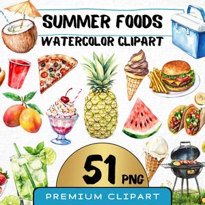 Clipart de comida de verano en acuarela 51 PNG, ilustración de helado, frutas de coco y sandía, impresiones digitales de pizza para fiestas de barbacoa, uso comercial