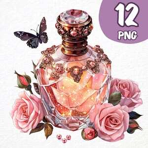 Aquarel parfumflesje clipart 12 png, aromatische geuren, Floral Roses parfum illustratie, digitale prints, Instant Download, scrapbooking