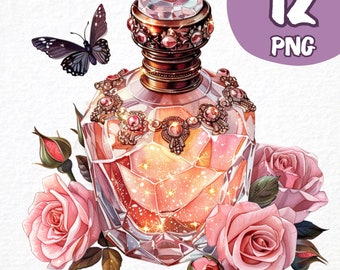 May include: A vintage-style perfume bottle with a gold lid and a crystal-like body. The bottle is surrounded by pink roses and a black butterfly.