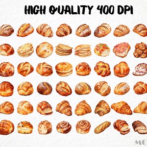 May include: A collection of watercolor illustrations of various types of bread, including loaves, rolls, croissants, and pastries. The illustrations are in a realistic style and feature a variety of colors and textures.